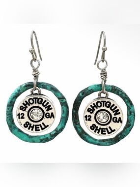 NWT Patina Silver Shotgun Shell Dangle Earrings Rhinestone Accent